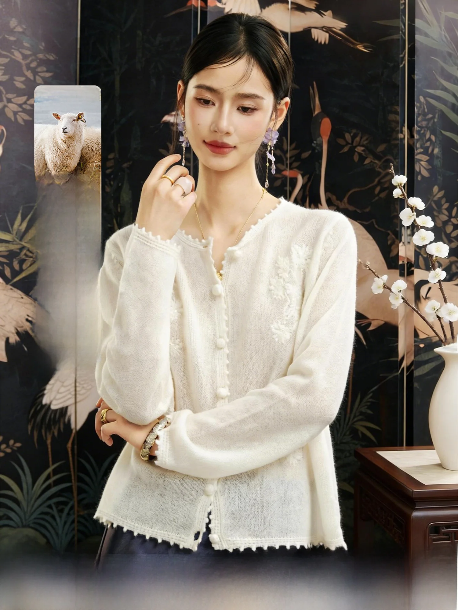 

NAGUAGU Soft Wool Knitted Open Cardigan Women's Loose Fit Spring New Embroidered Top round Neck Button Long Sleeve