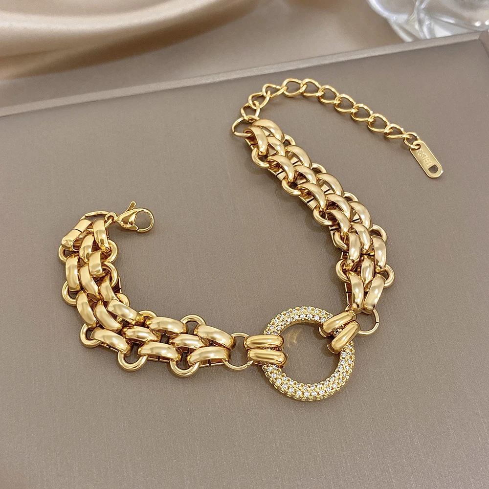 Glossy Multilayer Stainless Steel Thick Chain Bracelet for Women Classic Zircon Circle Patchwork Bracelets Waterproof Jewelry