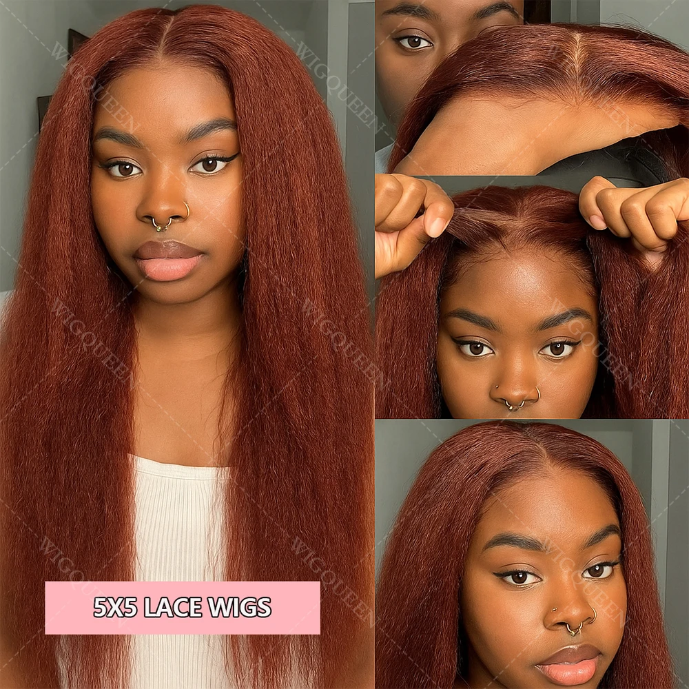Peruka z ludzkich włosów Yaki Straight, czerwono-brązowa, peruki typu lace front 13x4, peruki z ludzkich włosów typu lace 4x4 bez kleju z kręconymi brzegami i baby hair.