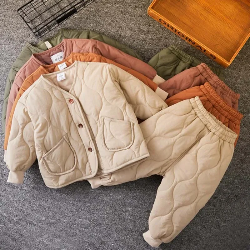

2 Pcs Winter Children's Sets Thickened Cotton Girls Boys Clothes Kids Jacket Pants Set Outwear Windproof Cotton Coat Pant
