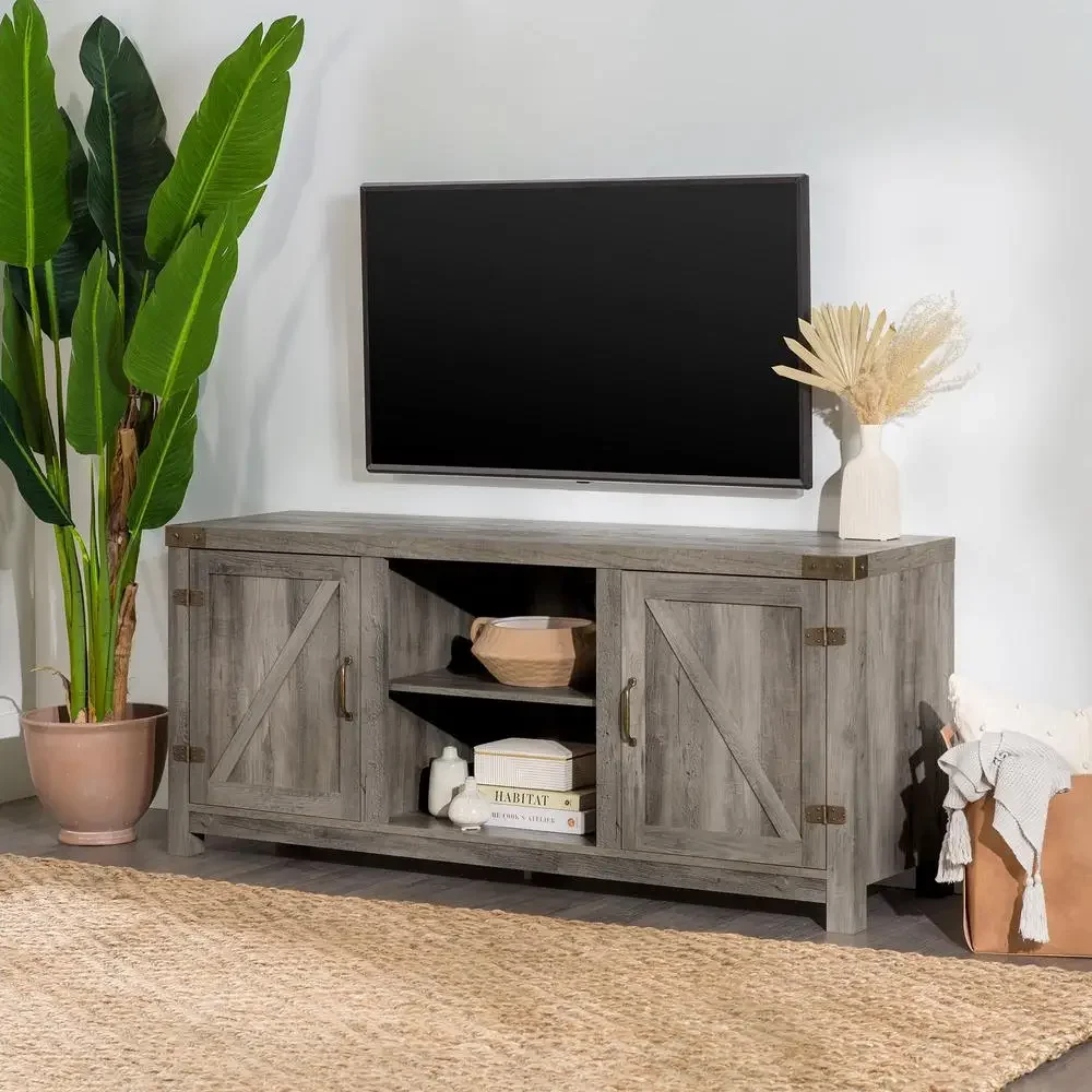 Grey Wash Farmhouse Barn Door TV Stand TVs up to 65