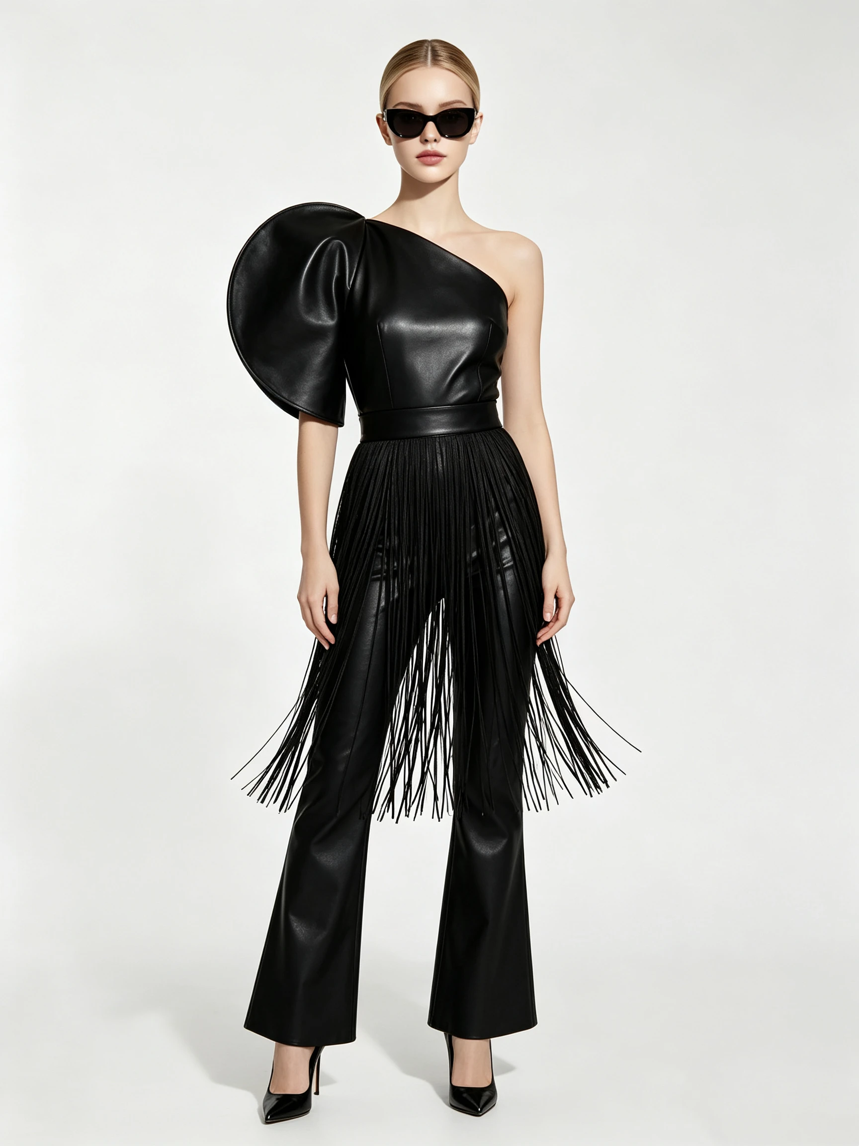Women's Faux Leather One-Shoulder Jumpsuit with Exaggerated Disc Sleeve and Waist Fringe