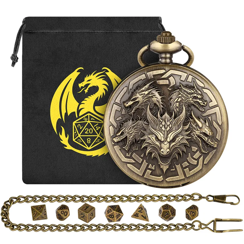 

Retro Five Dragon Heads Pocket Watch Case 7pcs/set Tiny Metal Polyhedral DND Dice for Tabletop Board Gaming Portable Gift Bag