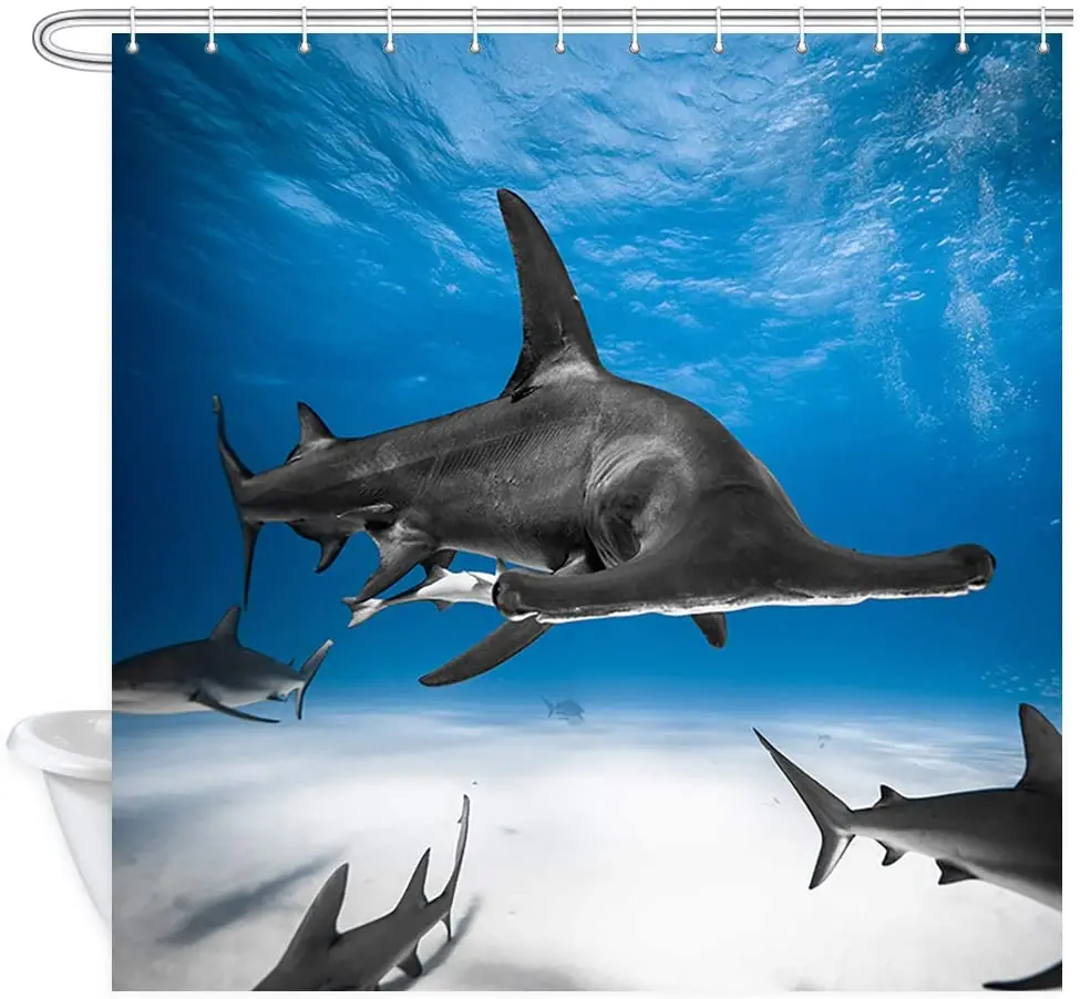 Ocean Animals Shower Curtain Great Hammerhead with Caribbean Reef Shark Polyester Fabric Bath Bathroom Curtains Set with Hooks