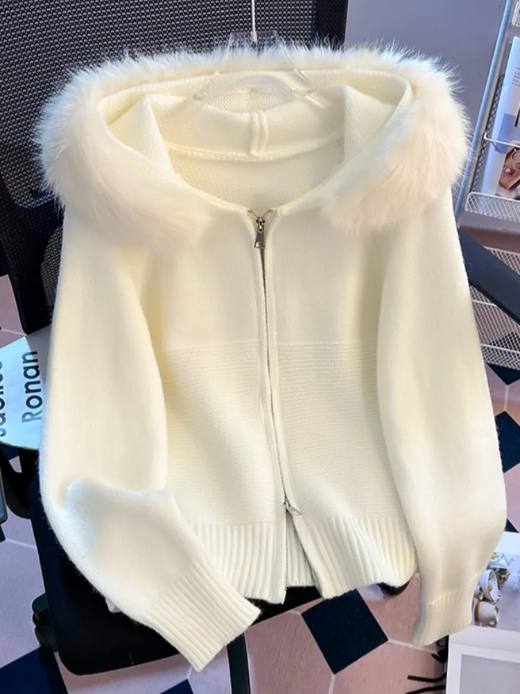 

Thiened вязаный открытый кардиган женская осенне-зимняя верхняя одежда с капюшоном на молнии Self-Kee Sle с меховым воротником Jaet