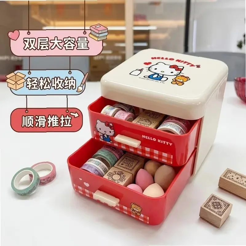 Sanrio Licensed Desktop Storage Box Double-Layer Drawer Organizer for Stationery and Cosmetics Hello Kitty Holder