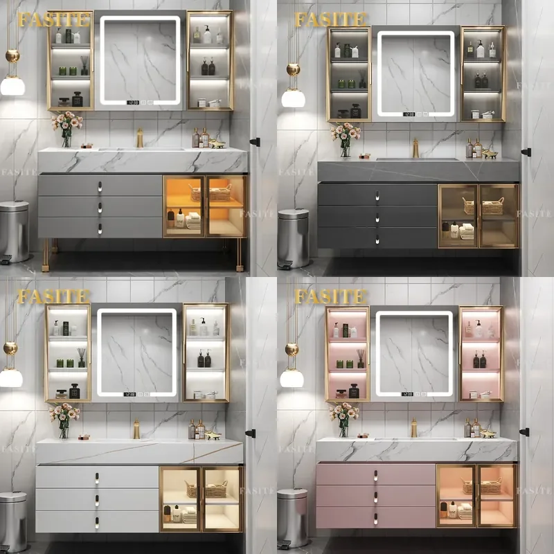 For Rock Slab Integrated Basin Bathroom Vanity Cabinet Light Luxury Simple Smart Washbasin Toilet Sink Combo Modern Home