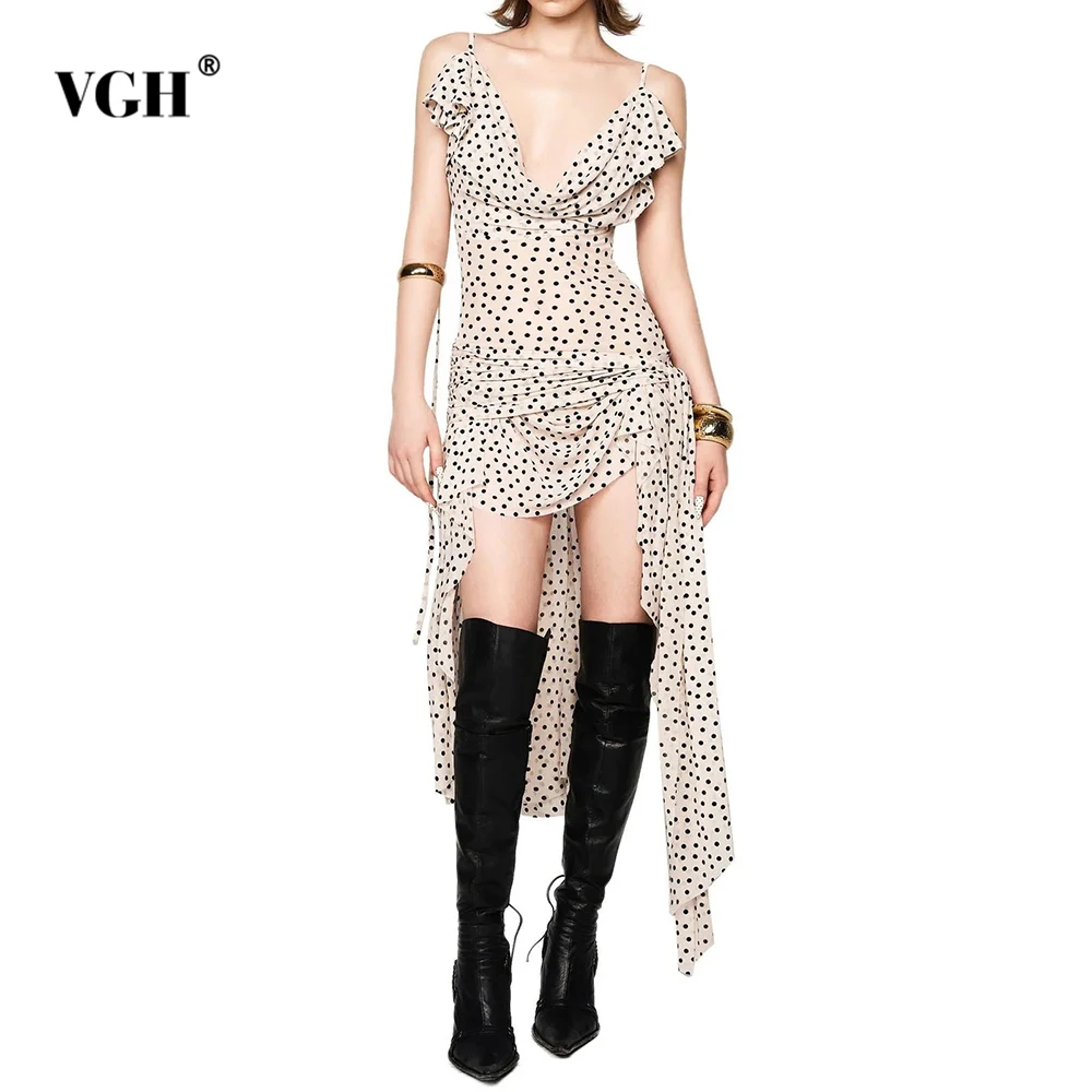 

VGH Slimming Printing Elegant Dresses For Women V Neck Sleeveless Backless High Waist Sexy Folds Dress Female Fashion Style New