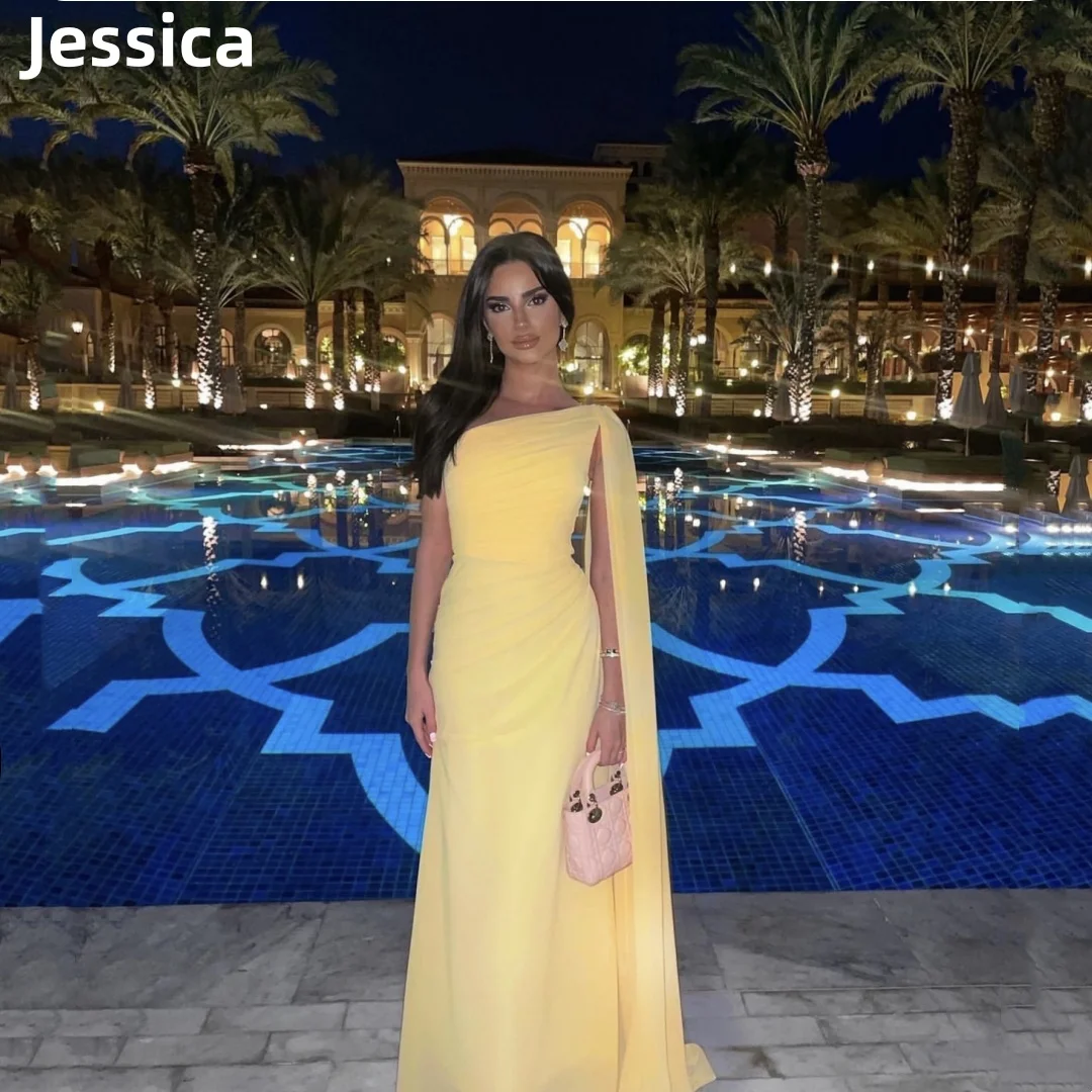 

Jessica Yellow Chiffon Prom Dress Saudi Arabia Official Evening Dresses فساتين السهرة Elegant Lady Ladies Dinner Party Dresses