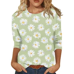 Floral Print Women T Shirt Fashion 3/4 Sleeve Shirt Flower Graphic Tees Blouses Casual Basic Tops Loose Pullover Ropa Para Mujer