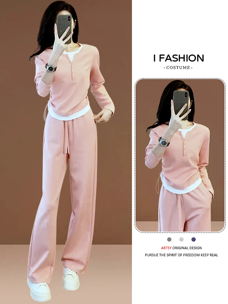 

Casual Sportswear Set for Women Long Sve Sweatirt Wide Leg Pants Two Piece Suit Autumn Faion Comfortable Cotton Blend