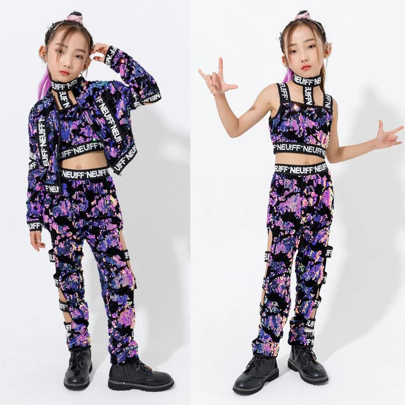 Girl Jazz Dance Costume Children Hip Hop Clothing Stage Kid Street Dance Costume For Girls Sequins Suits Kpop Outfit XS9030