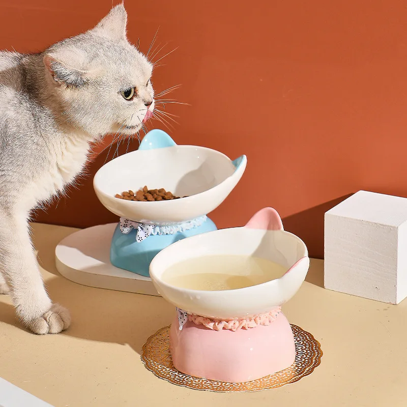 Leuke Cartoon Keramische Huisdier Kom Kat Patroon Bescherming Cervicale Wervelkolom Huisdieren Drinken Water En Eten Kom Voor Kat Puppy Hond Dierbenodigdheden