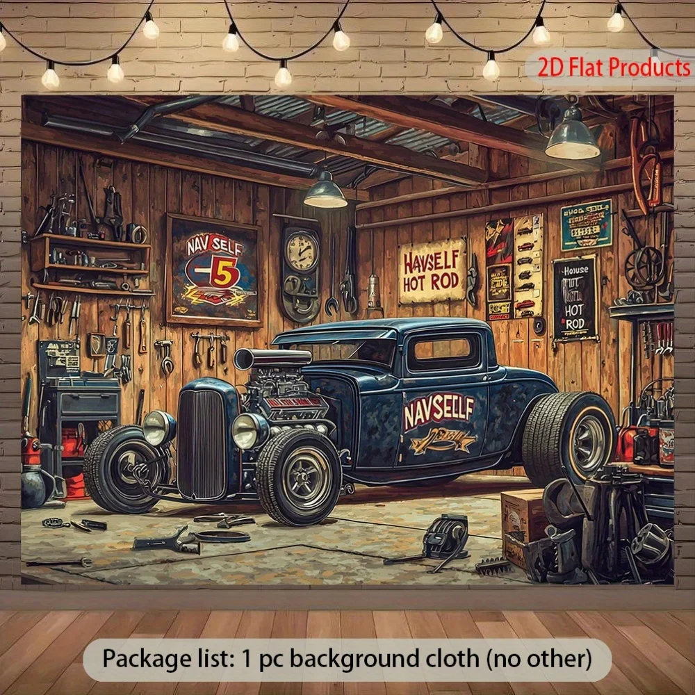 2D flacher Retro-Hot-Rod-Garagenbanner-Hintergrundstoff für klassische Wanddekoration. Retro-Auto-Design. Für Werkstätten und Partys.