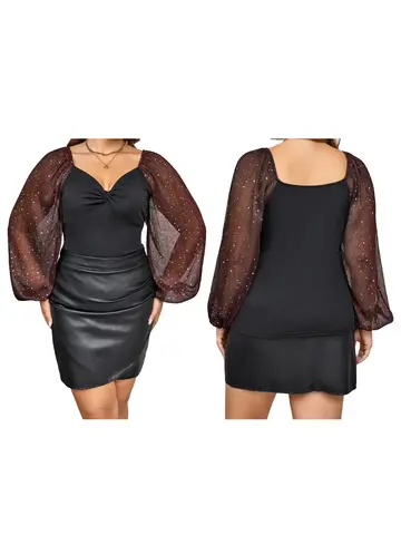 Women s Fall Plus Size Blouses Ladies Navy Blue Long Sleeve V-Neck Lace Trimmed Shirts with Floral Embroidery