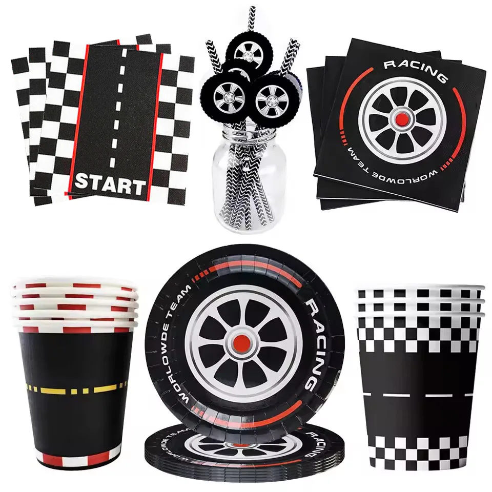 Tire Napkins Race Car Napkins Party Plates Cups Straws Racing Car Race Track Party Supplies Balloons Kids Boys Birthday Decors