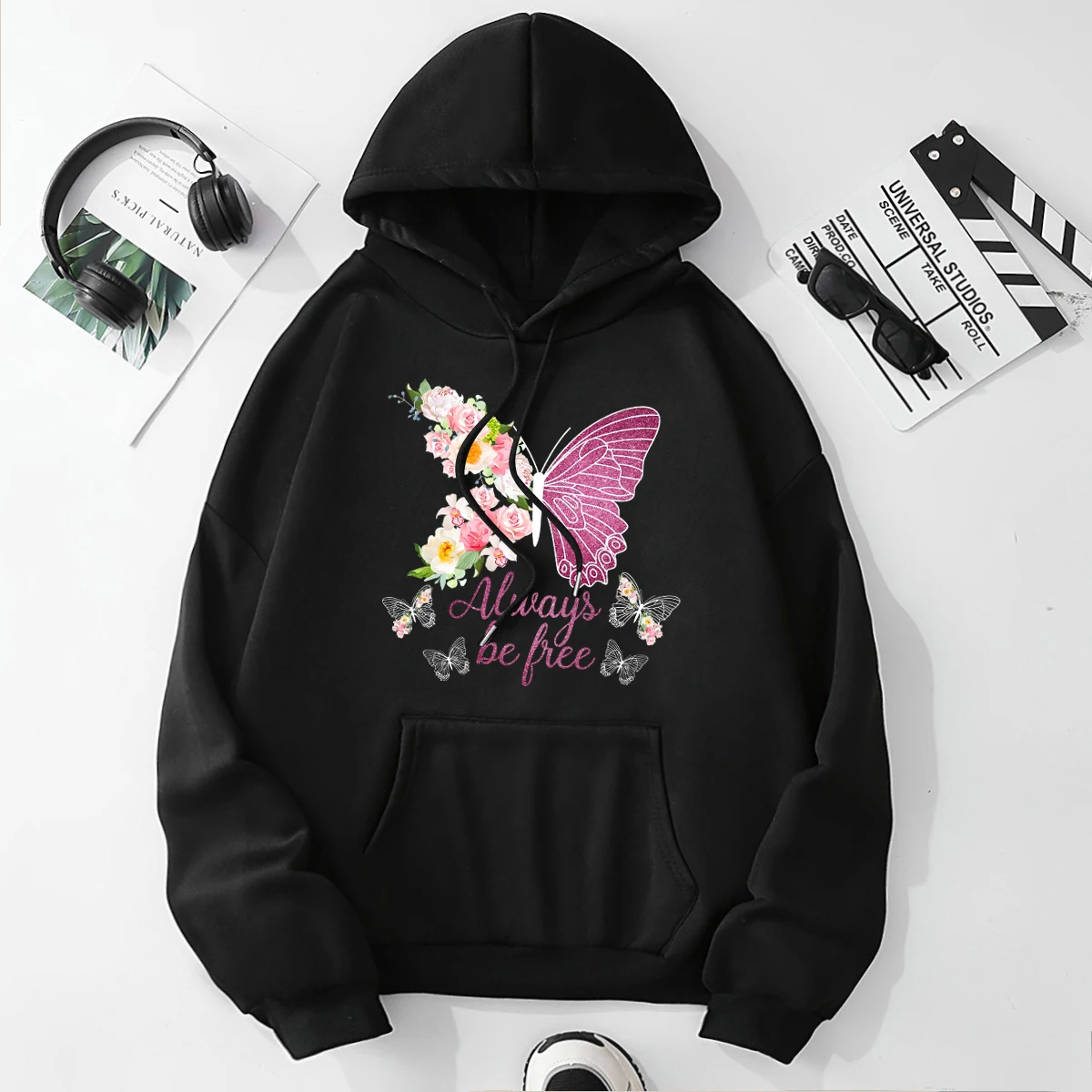 Butterfly & Always Be Free Print Drawstring Hoodie, Casual Long Sleeve Kangaroo Pocket Hoodie Sweatshirt, Women's Clothing