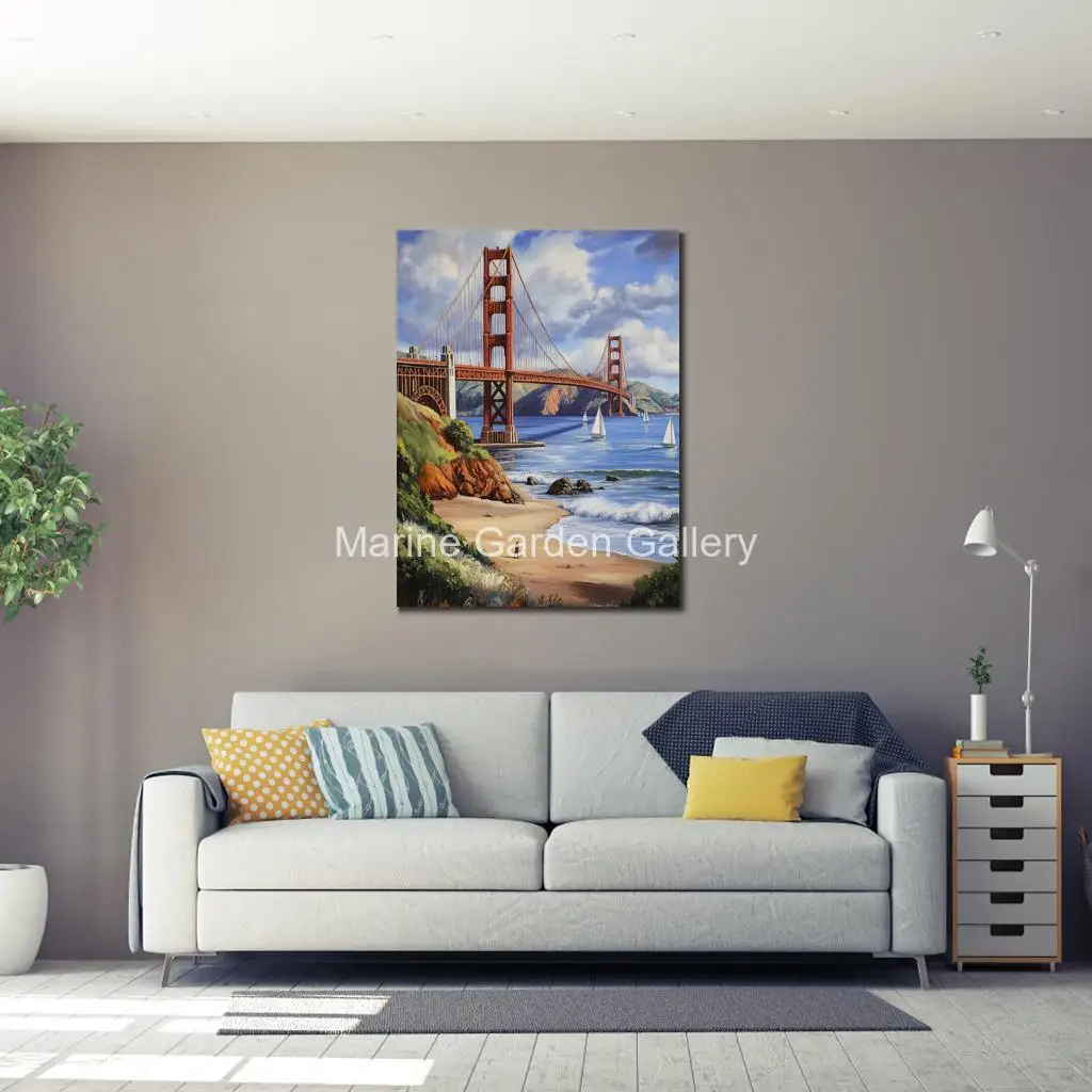 Cityscape Canvas Wall Art Handmade Oil Painting Golden Gate Bridge Modern Artwork Seascape Picture for Bathroom Pub Decor Large