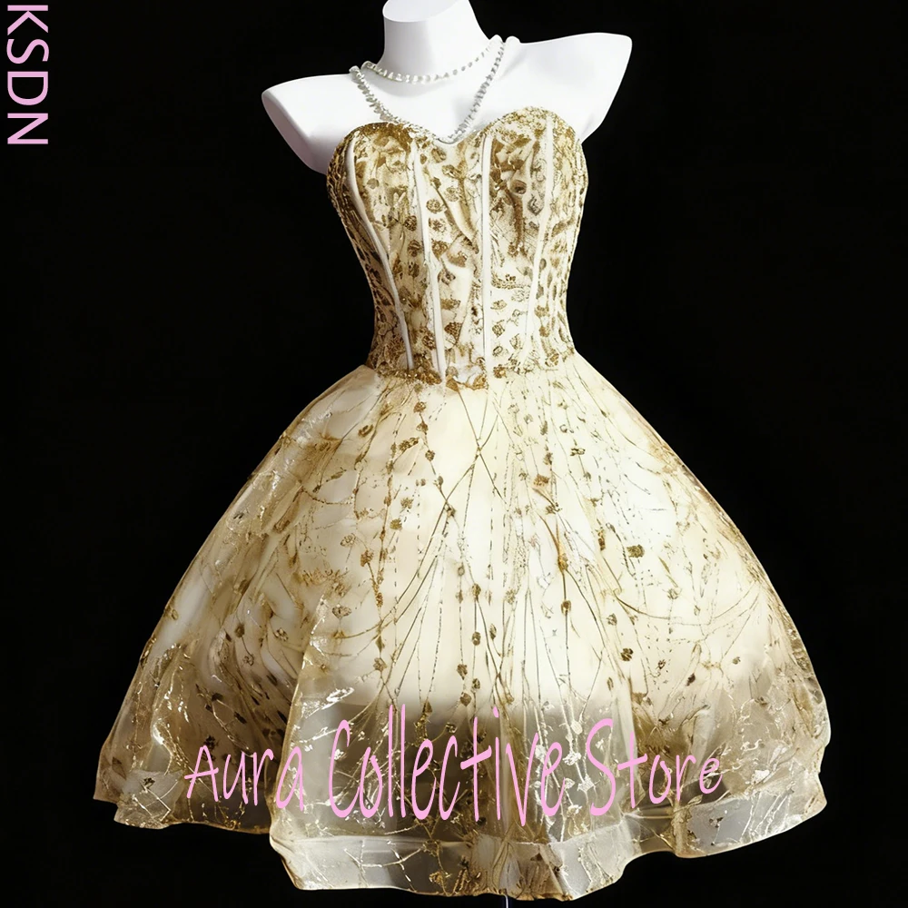 Robe de bal sans bretelles à paillettes dorées pour femmes, avec corsage Corset, jupe en Tulle brodée transparente, luxueuse robe de bal de soirée sans manches