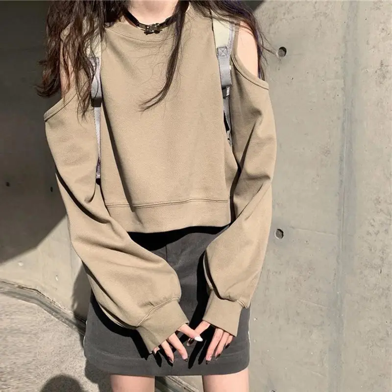 Fashion O-Neck Spliced Off Shoulder Hollow Out T-Shirt Women\'s Clothing 2022 Autumn New Casual Pullovers Loose Korean Tee Shirt