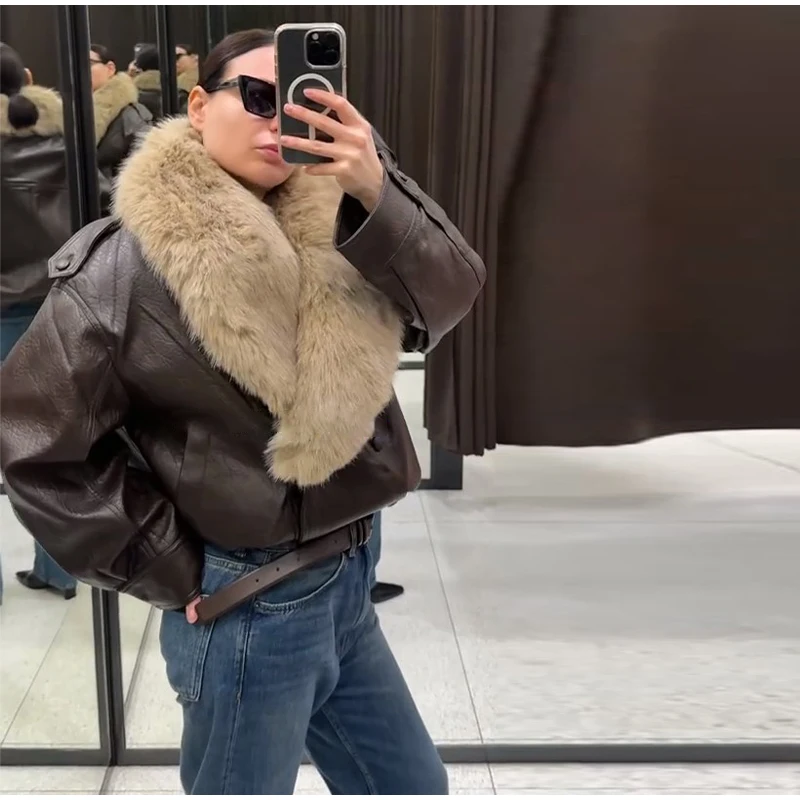 Elegant PU Fur Patchwork Jacket Women Loose Detachable Collar Lapel Double Breasted Jackets Female Fashion Winter Warm Outwear