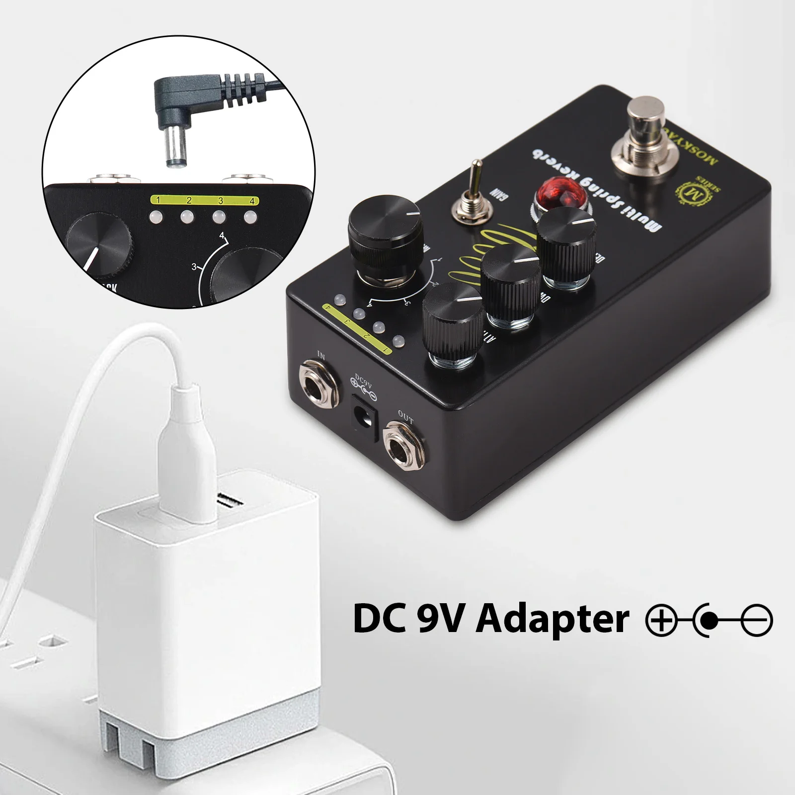 

MOSKYAUDIO MULTI SPRING REVERB Guitar Reverb Effects Pedal Attack/Dwell/Depth/GAIN/4-Mode Knob DC 9V Electric Guitar Effector