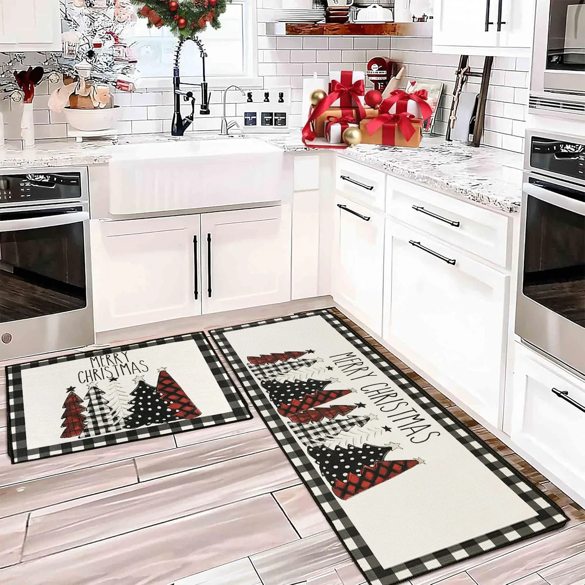 Christmas Kitchen Rugs, Plaid Pattern Kitchen Runner Rug for Kitchen Decoration Home 2024 Navidad Noel Gifts New Year 2025