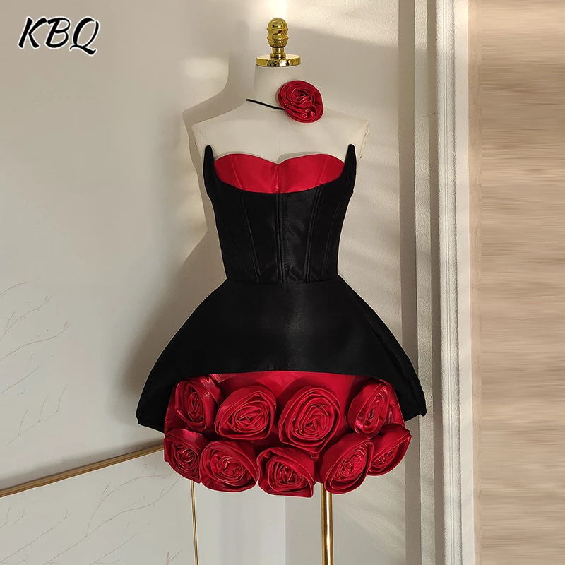 KBQ Hit Color Spliced Appliques Tunic Aline Dress for Women Strapless Sleeveless High Wiast Temperament Dress Female Fashion New
