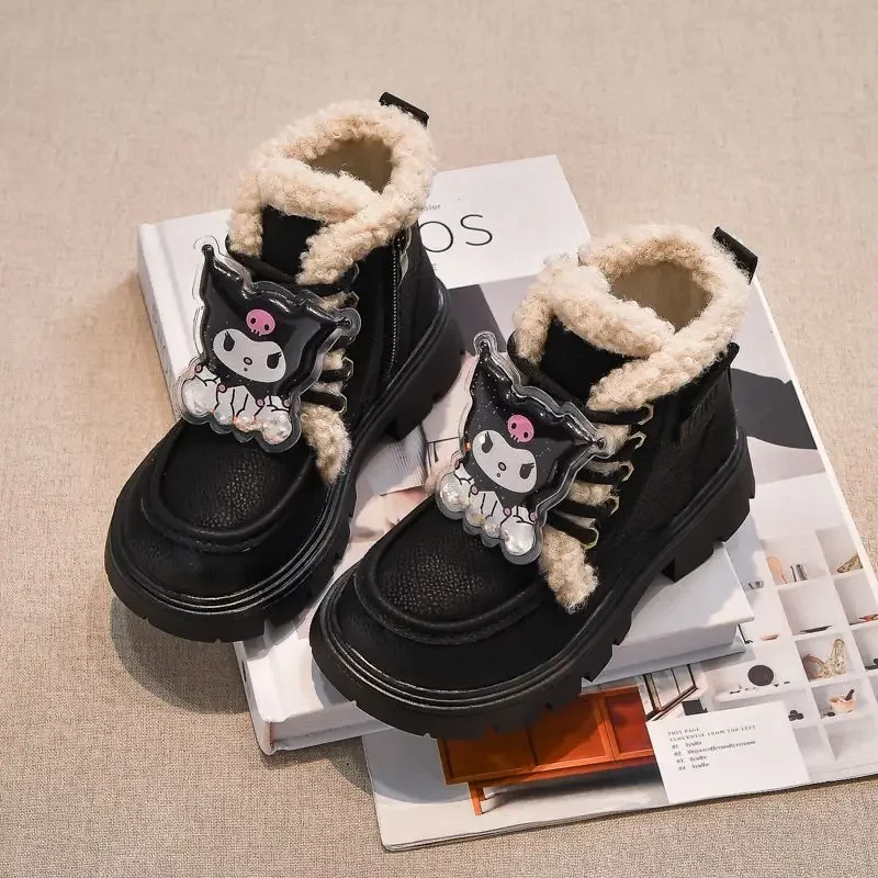 

Kuromi Anime MINISO Kawaii Ins Fashion Girly Heart Board Shoes Cute Cartoon Cotton Fleece Warm Snow Boots Gifts for Kids