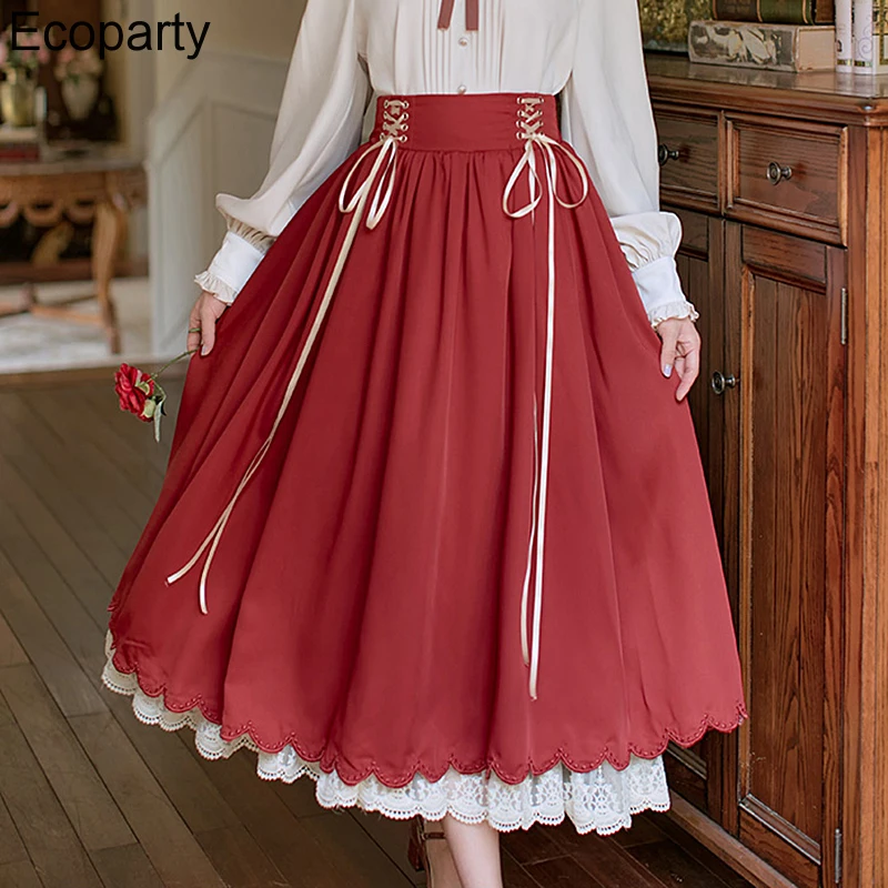 Renesansowa elegancka długa spódnica w stylu Vintage dla kobiet dwuwarstwowa z wysokim stanem, patchworkowa duża huśtawka spódnica w kształcie linii Femme sukienka Lolita — zdjęcie 4