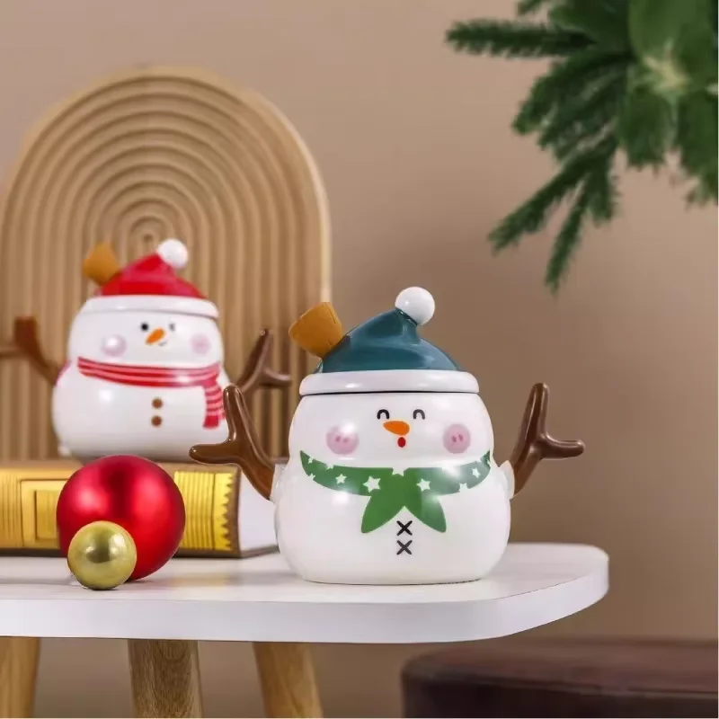 Christmas ceramic cup with lid spoon, creative and innovative cartoon modeling cup, Christmas snowman mug, large-capacity water