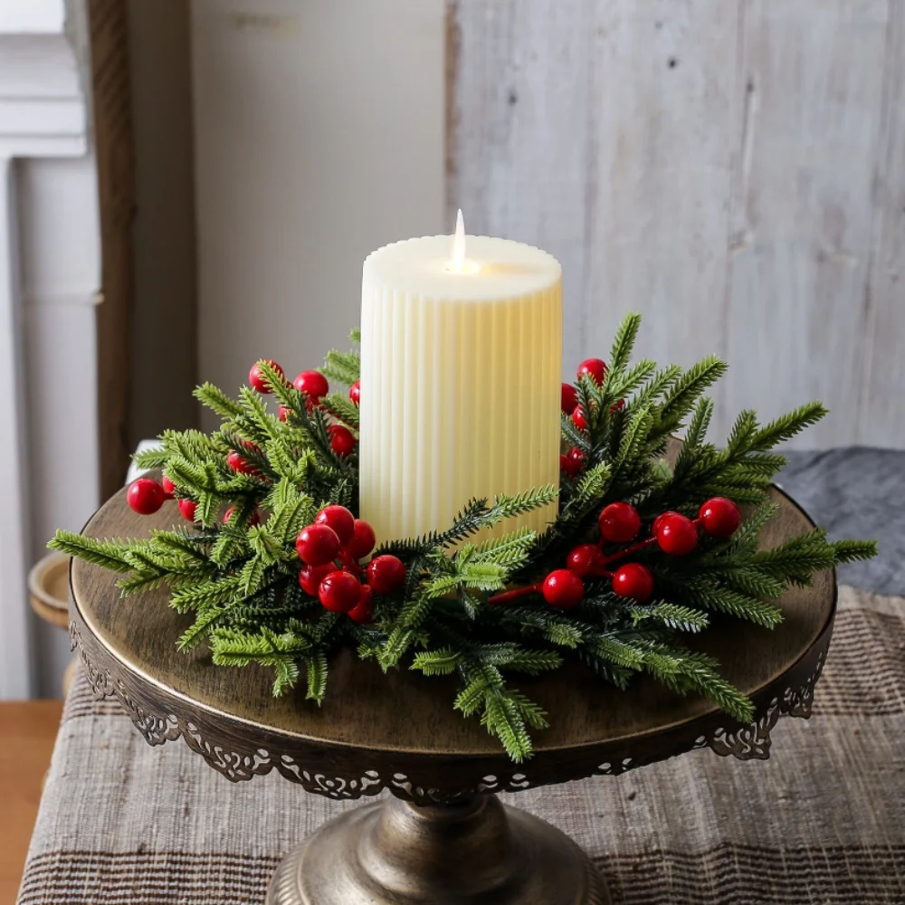 Christmas Candlestick Wreath Artificial Berry Garland Candle Ring Xmas Table Decoration Fake Leaves Wreath For Candle Holder