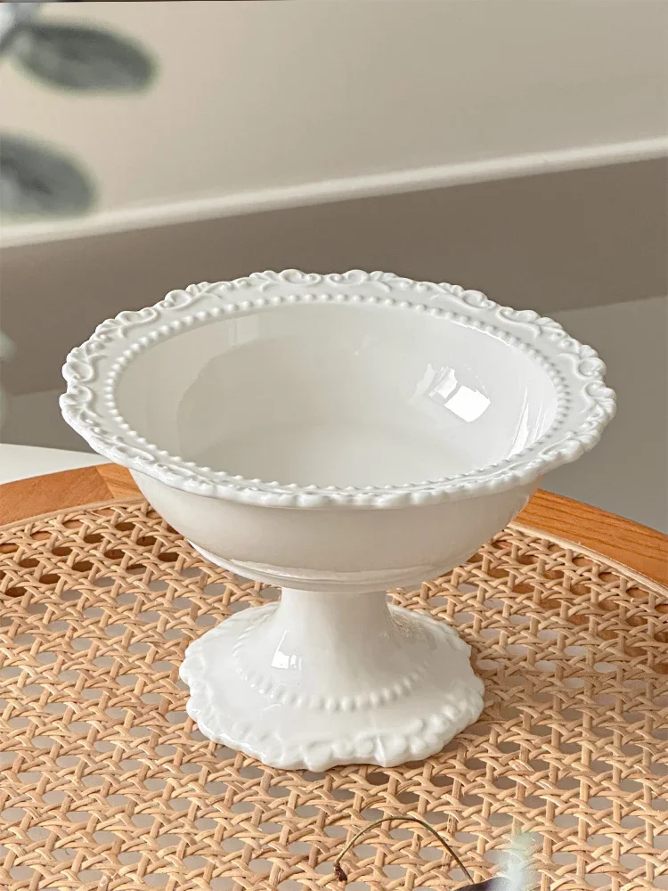 Muni Retro High Foot Relief Bead Point Fruit Bowl Elegant Living Room Tea Table Plate Dessert Plate Home Use Ceramic Bowl