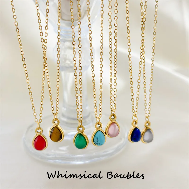 

Waterproof Stainless Steel Crystal Stone Necklace Colorful Water Drop Pendant Necklace Opal Hoop Earrings for Women