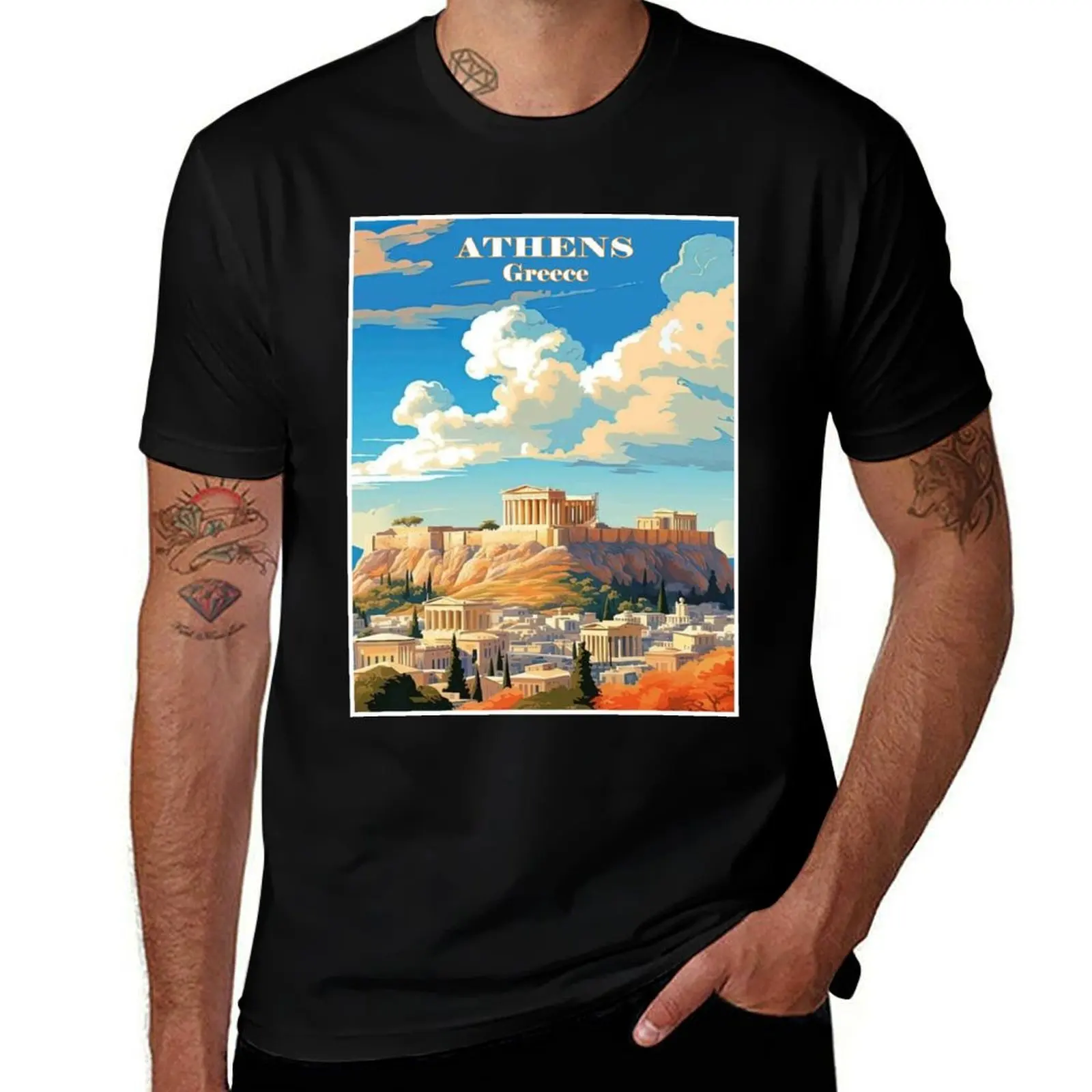 Athens Greece :Travel and Tourism Advertising Print T-Shirt Active Sports Short Sleeve Cotton Shirt