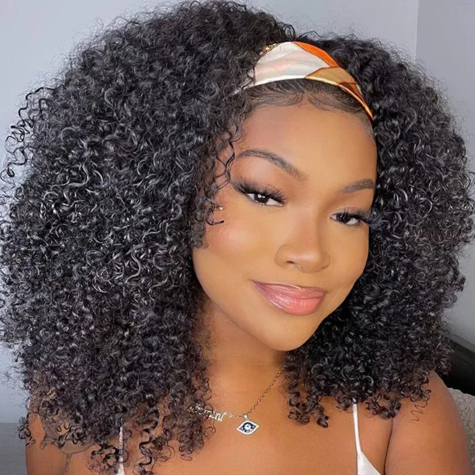 Kinky Curly Human Hair Headband Wig For Black Women 180% Density Glueless Brazilian Remy Jerry Curl Full Machine Made Hair