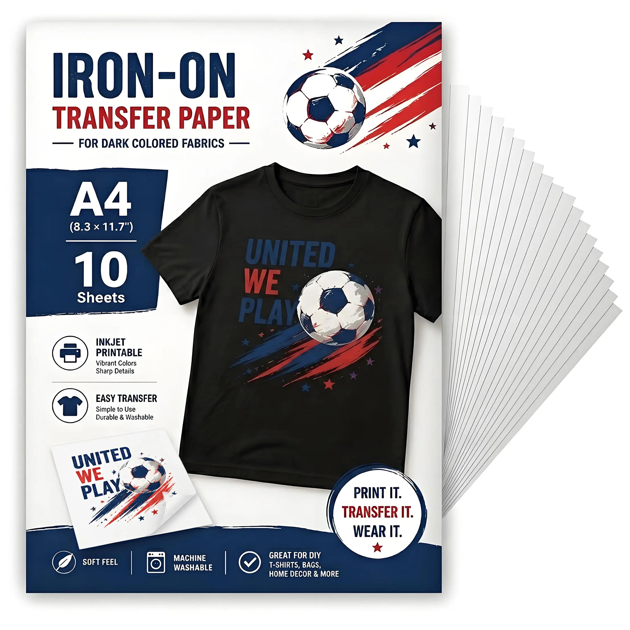 

A4 Iron-On Transfer Paper for Dark Fabrics, 21x29.7cm Inkjet Printable Iron-On Paper, Transfer Vinyl Paper for Shirts, Clothing