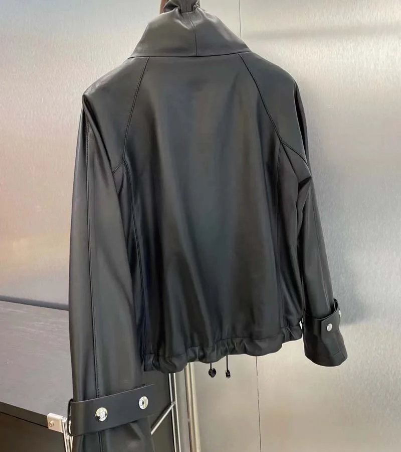 Veste en cuir véritable pour femme, manteau court, manches longues, col rétractable, style décontracté, vêtements de printemps, nouvelle mode, 2023