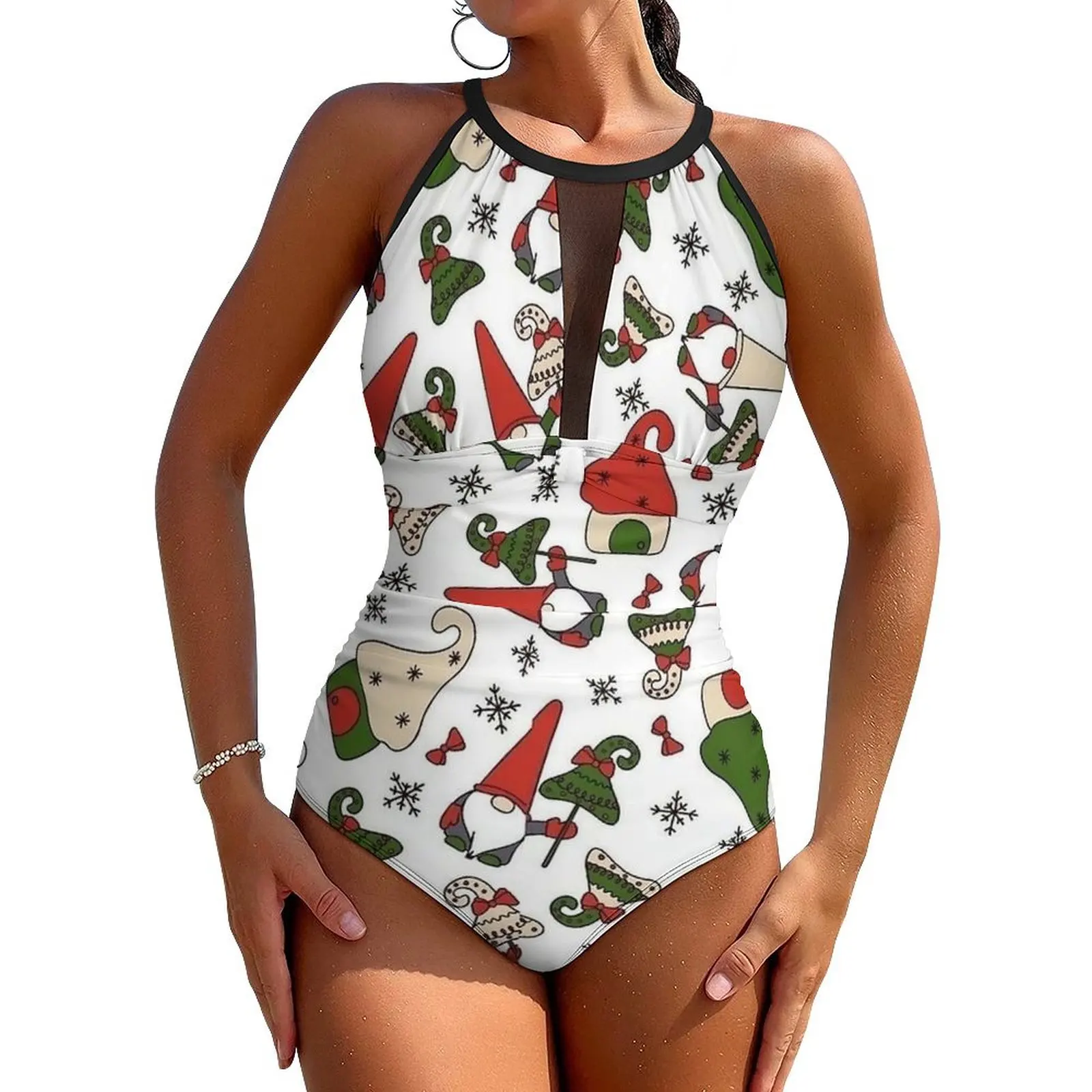 Christmas Gnomes Tree Pattern Swimsuit Sexy  Women Swimwear One-Piece Retro Bodysuit Fitness Push Up Hollow Out Bathing Suit