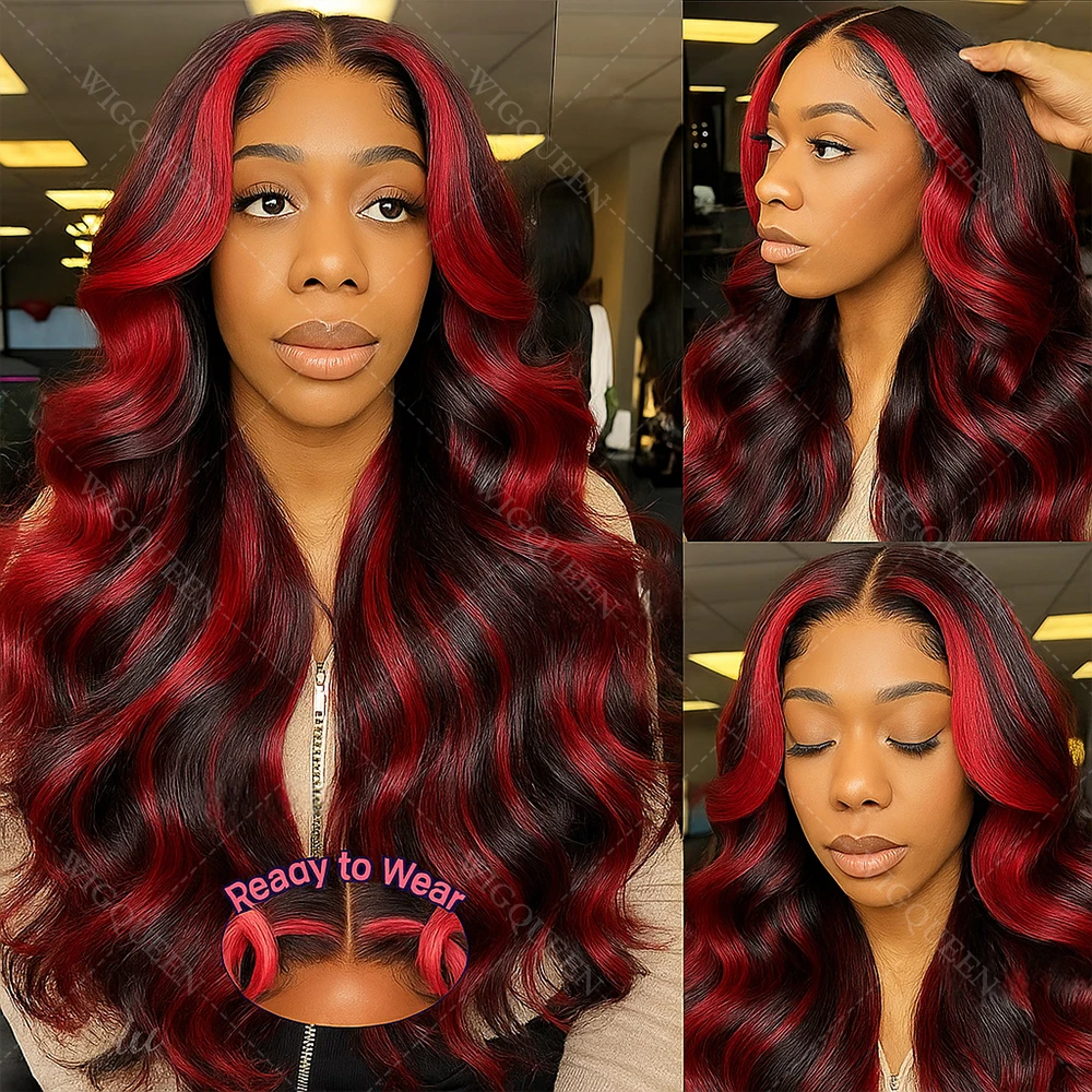 

Upgraded 1B/99J Body Wave 5x5 Red Highlight Lace Front Human Hair Glueless Wig Vietnamese Balayage Burgundy Omber Wig Human Hair