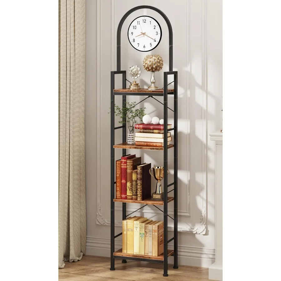 

Bookshelf 4 Tier Arched Bookshelf with Built-in Clock 68.2" Tall Narrow Bookcase Modern Standing Book Shelf for Living Room Bed