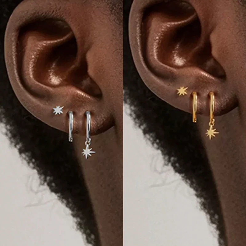 3 Piece Fashion Stainless Steel Round Star Drop Earrings Set for Women 18K Gold Plated Dangle Earring Punk Unisex Rock Jewelry