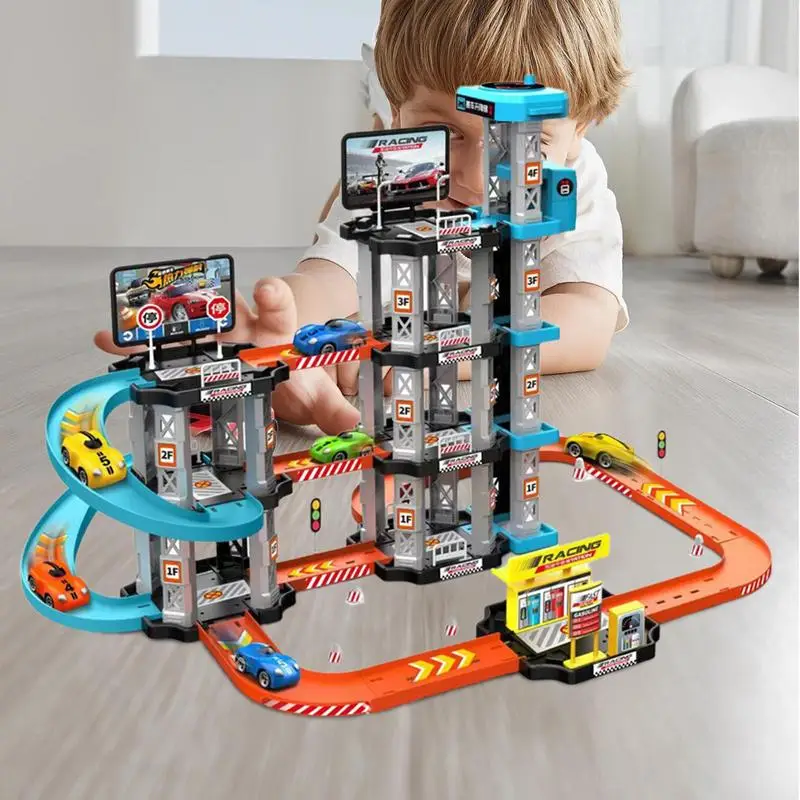 Children's Rail Car Toys Handmade Assembling Parking Garage Race Track Playset Perfect Holiday Birthdays Gifts for Kids Boys