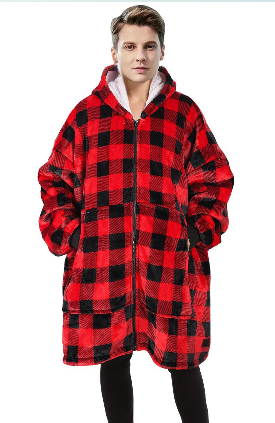 1pc Super Soft Wearable Blanket With Zipper plaid printed hoodie blanket dropship