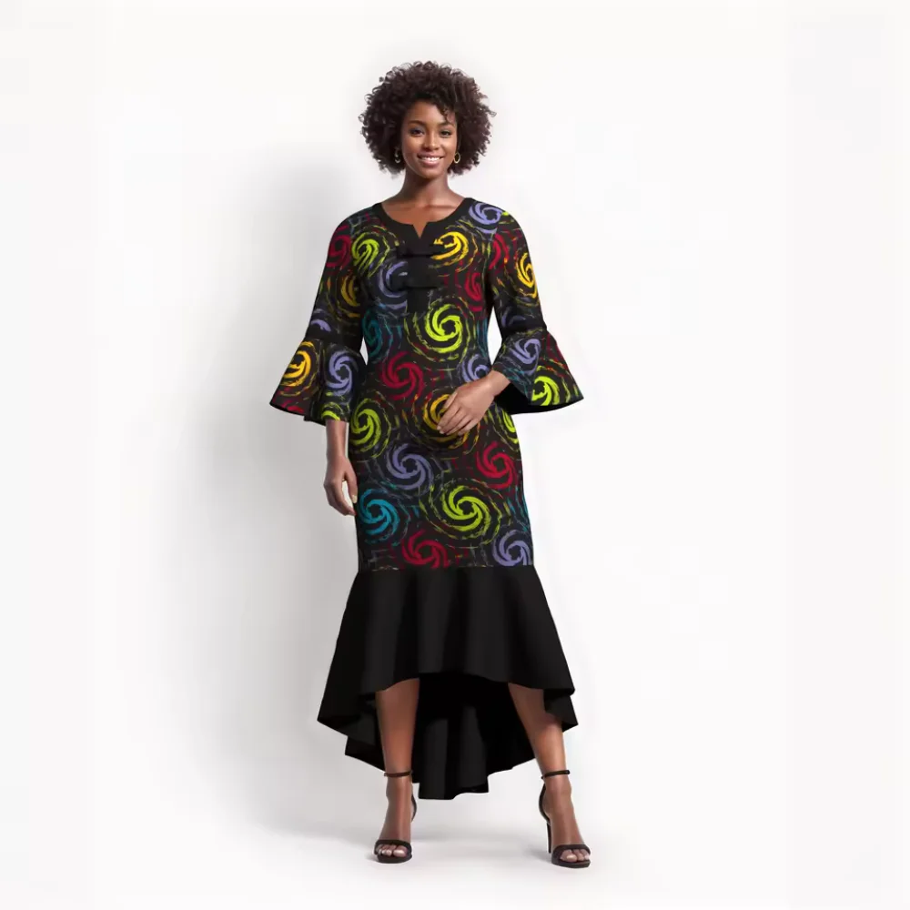 Plus Size Eco-Friendly Anti-static African Kente Print Cotton Breathable Midi Kanga Clothing Regular Sleeve Spliced Irregular