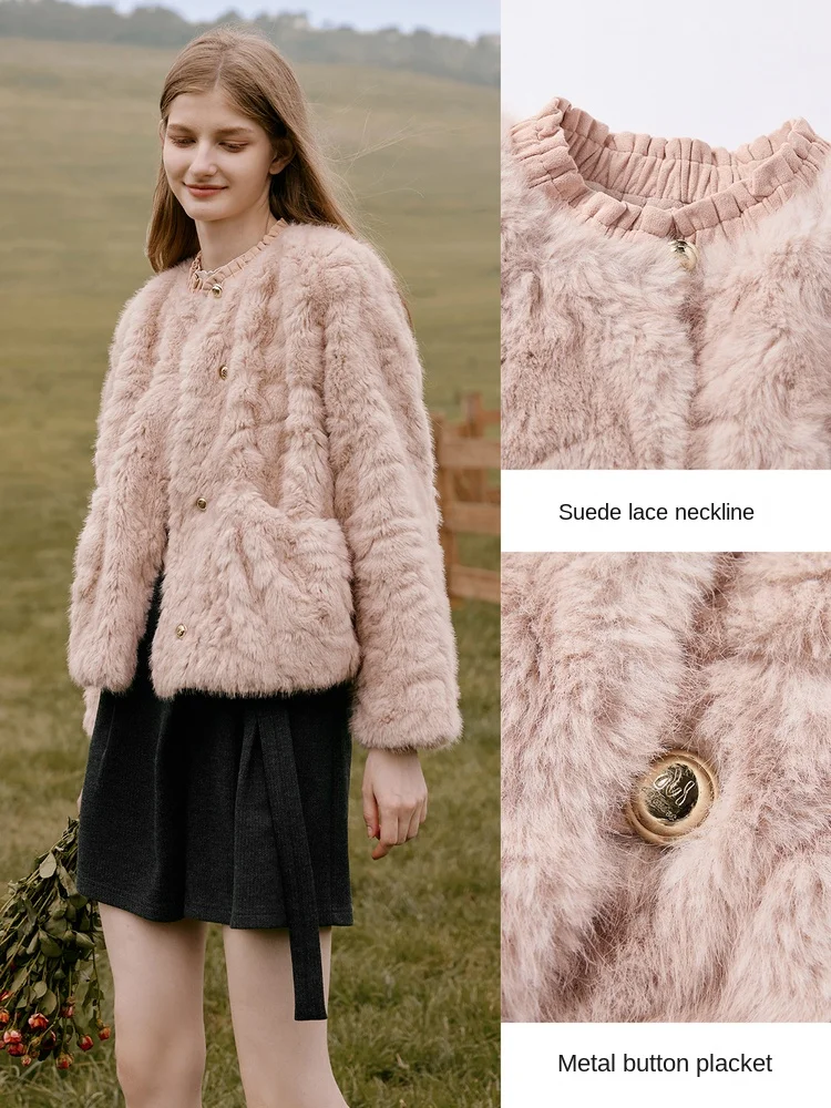 Pink fur coat for women, 2025 winter new style, short, eco-friendly fur coat with integrated fur