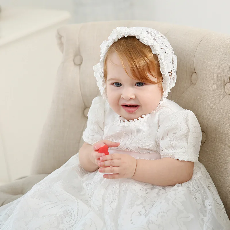 3-24 Month Baby Girls Dress Lace Baptism Costume Hat 2PCS Kids First Birthday Ball Gown Infant Dresses Baptism Bridesmaid Party