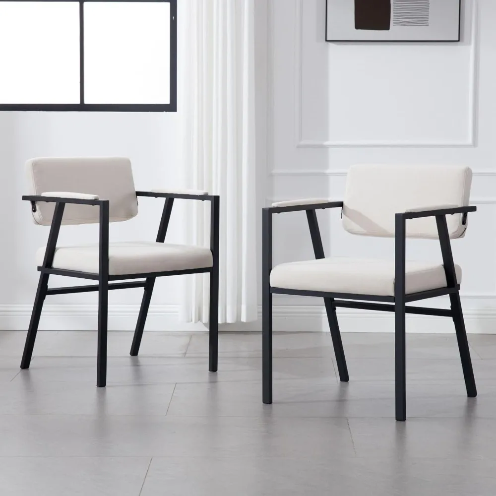 

Mid-Century Modern Linen-Upholstered Side Chairs Set of 2, Open Back Dining Chairs with Black Metal Legs