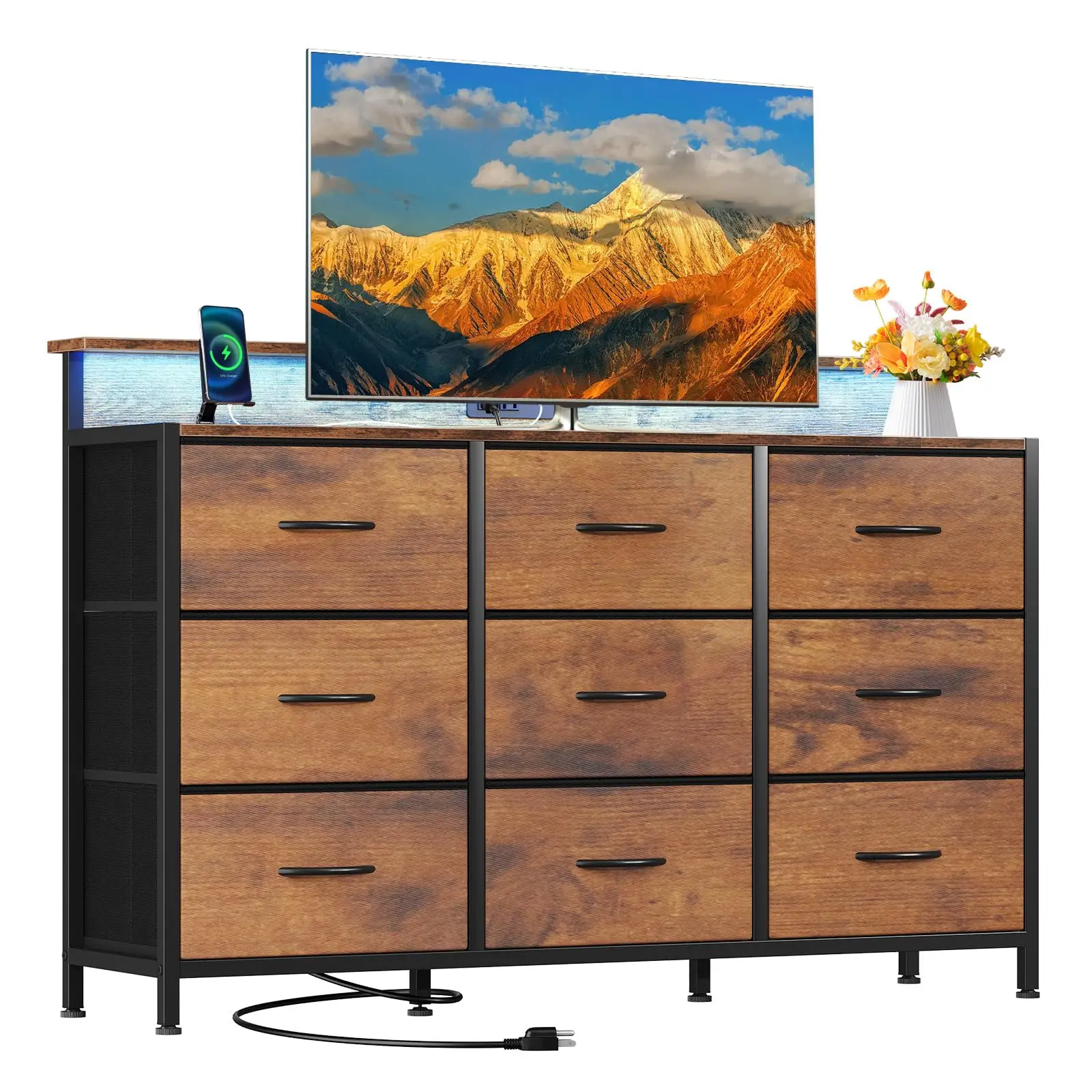 TV Stand Dresser with 9 Fabric Drawers Wood Top Media Console for 32-52 inch TV Stand with Storage Display Of Furniture
