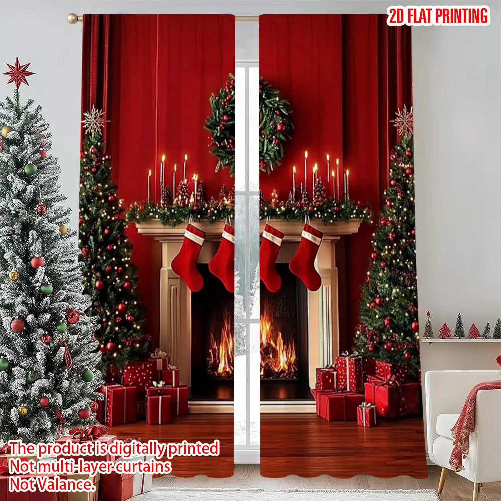 

2pcs 2D flat printing Merry Christmas Curtains Fireplace View Merry Christmas Machine Washable Polyester Without Electricity